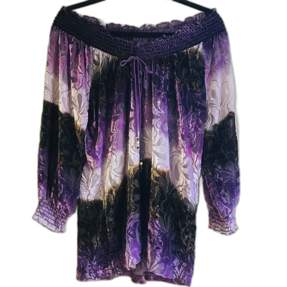 On off shoulder tassel top pueple velvet burnout hippie boho wench oversized S
